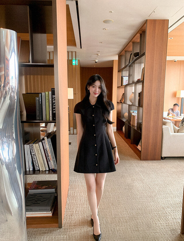 💕韓系氣質小香風翻領收腰小黑裙