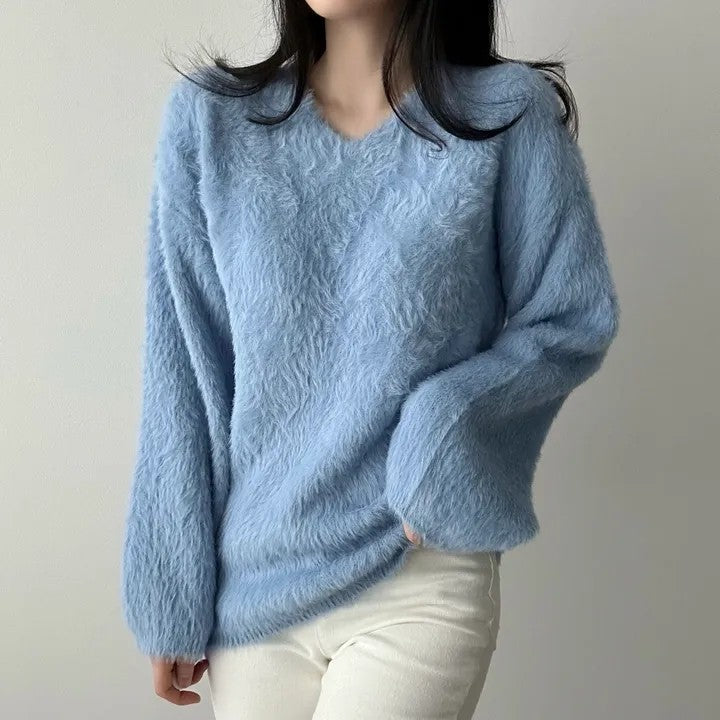 💕秋冬新款毛茸茸V領百搭毛衣上衣