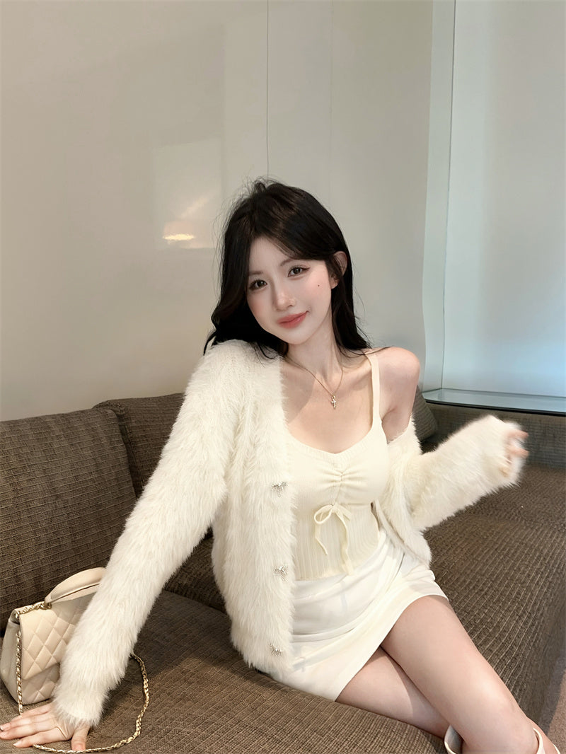 💕法式仿貂毛V領針織吊帶兩件套