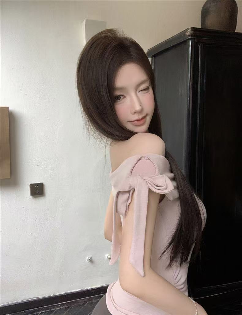 💕韓系一字肩蝴蝶結修身上衣