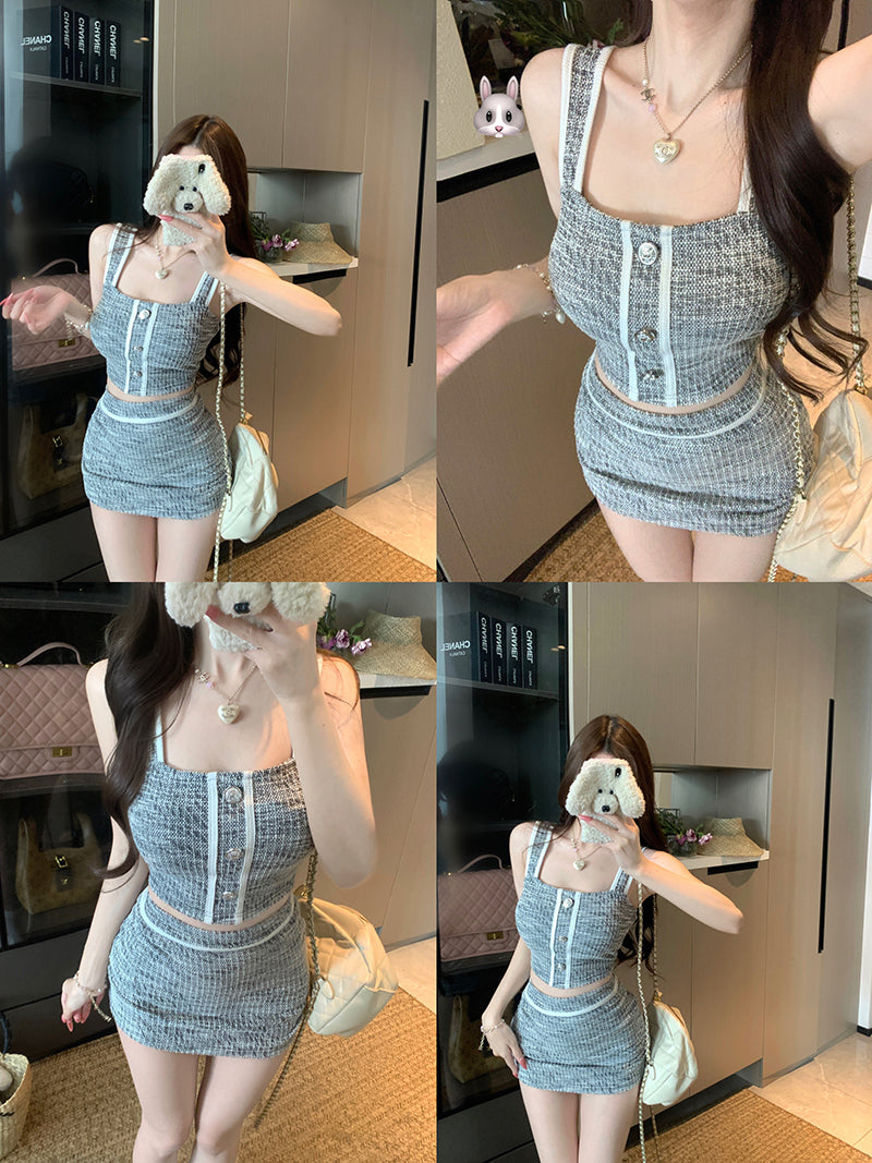 💕高級感氣質名媛小香風上衣+半身裙套裝