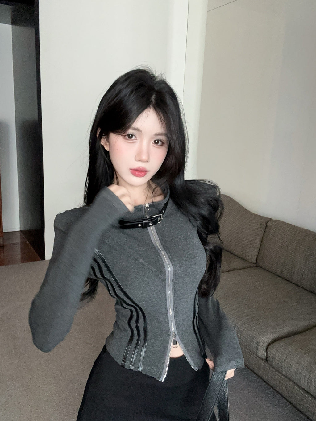 💕甜酷颯設計長袖翻領雙拉鍊顯瘦外套