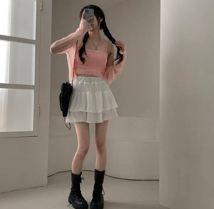 💕春夏防曬長袖雪紡開衫+網紗拼接針織吊帶