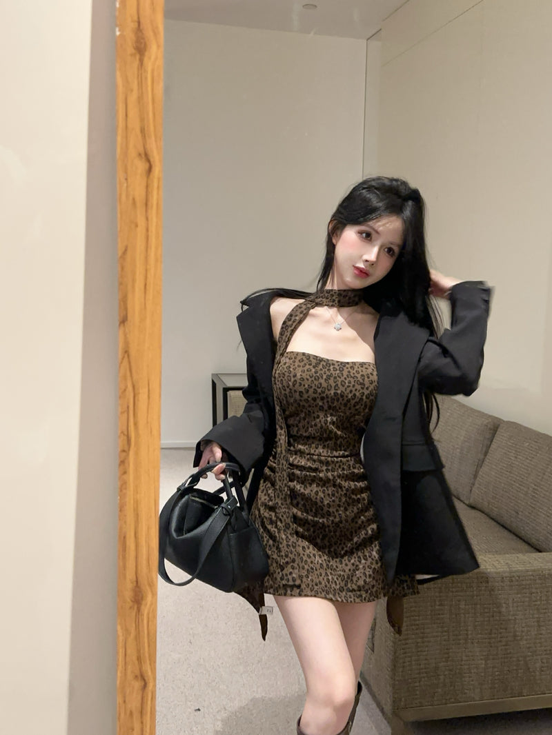 💕夏季性感豹紋抹胸不規則連身包臀短裙