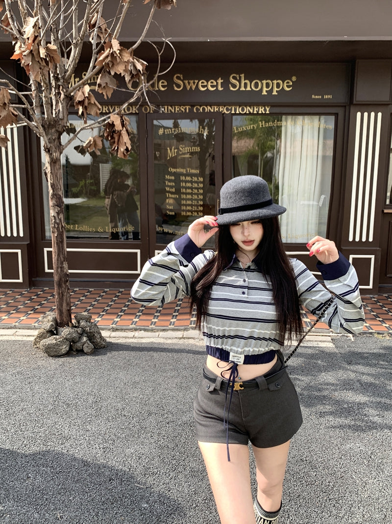 💕復古時尚撞色條紋拼接POLO長袖上衣