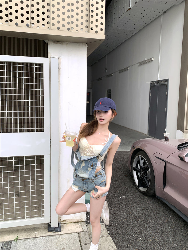 💕活潑俏皮百搭牛仔背帶短褲