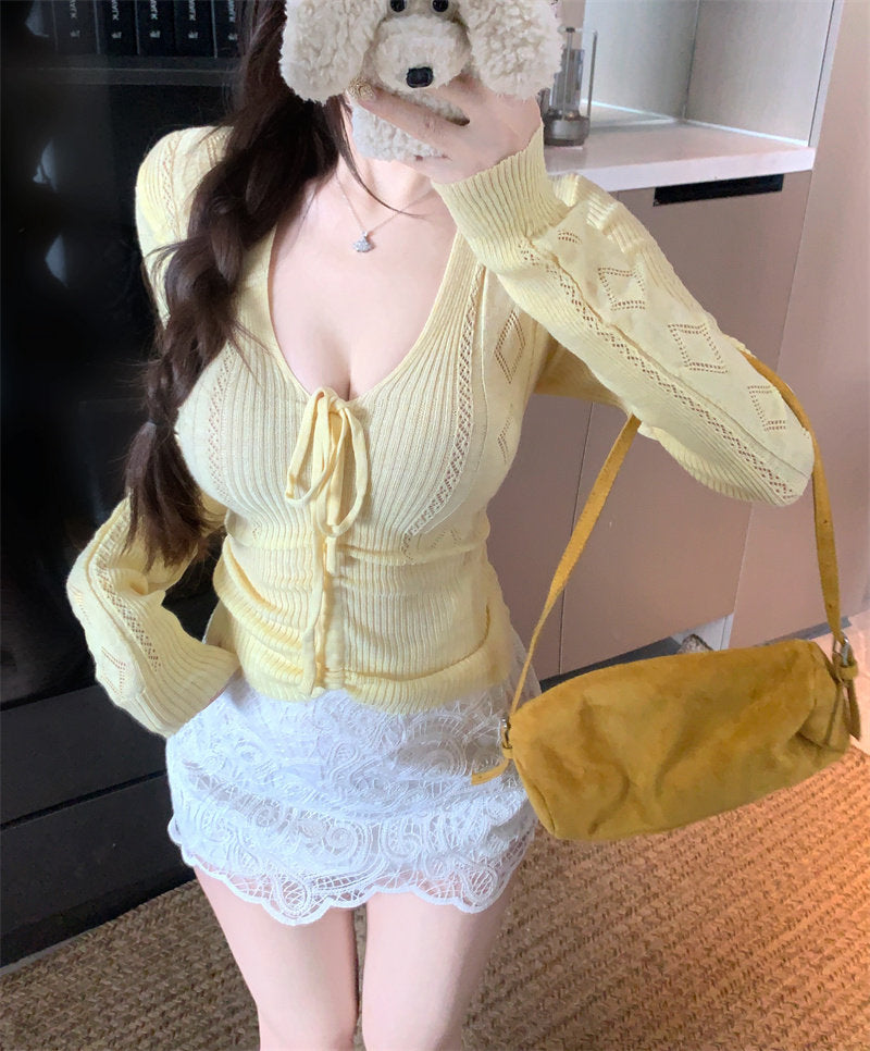 💕百搭簡約蝴蝶結系帶V領長袖針織顯瘦上衣