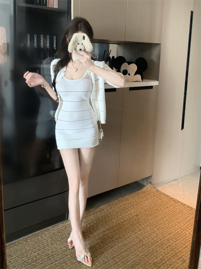 💕輕熟風拼接吊帶連衣裙外套套裝