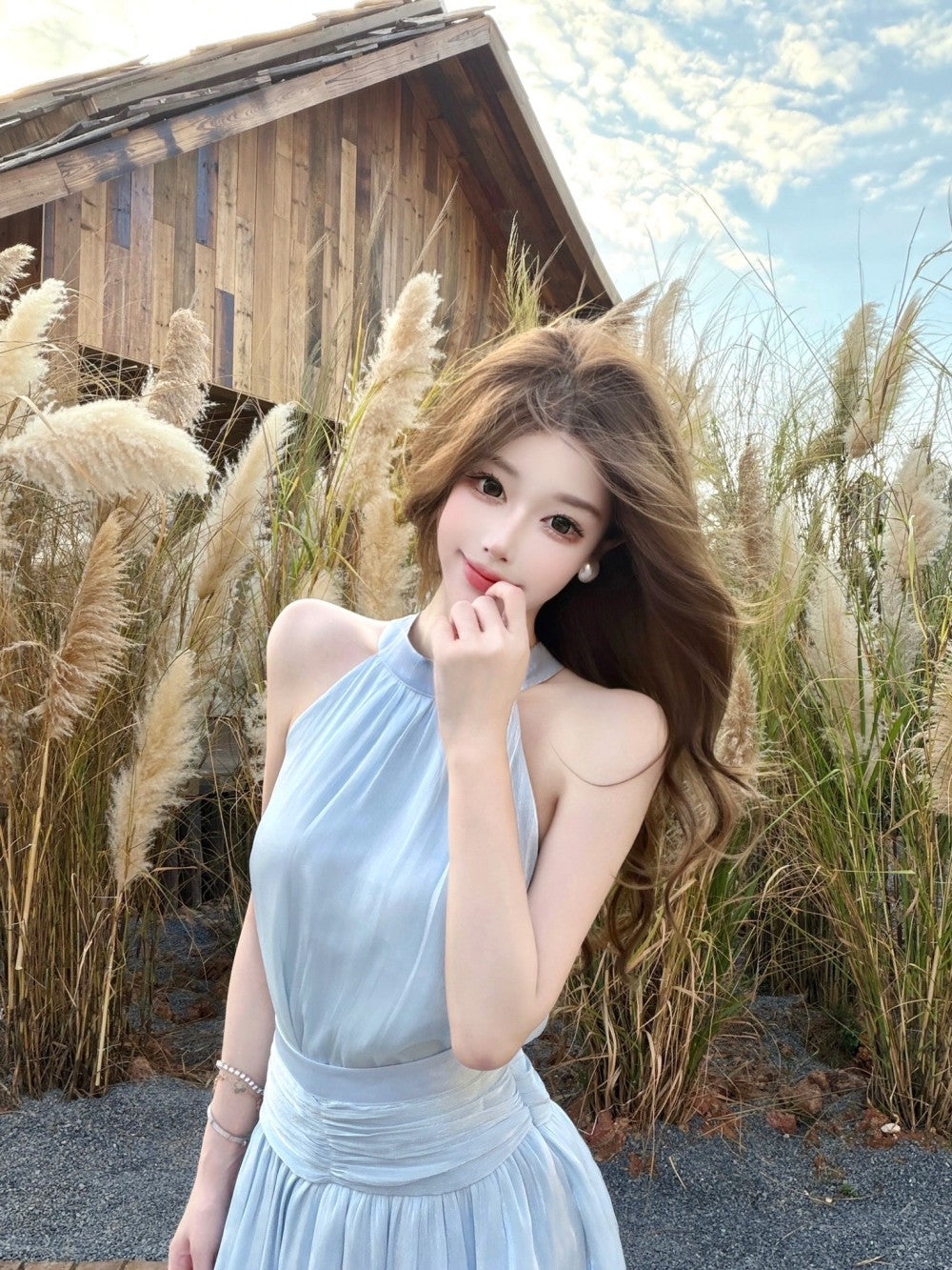 💕法式溫柔無袖掛脖連衣裙