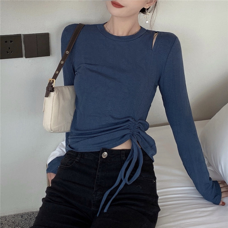 💕純色百搭鏤空側邊抽繩彈力打底上衣
