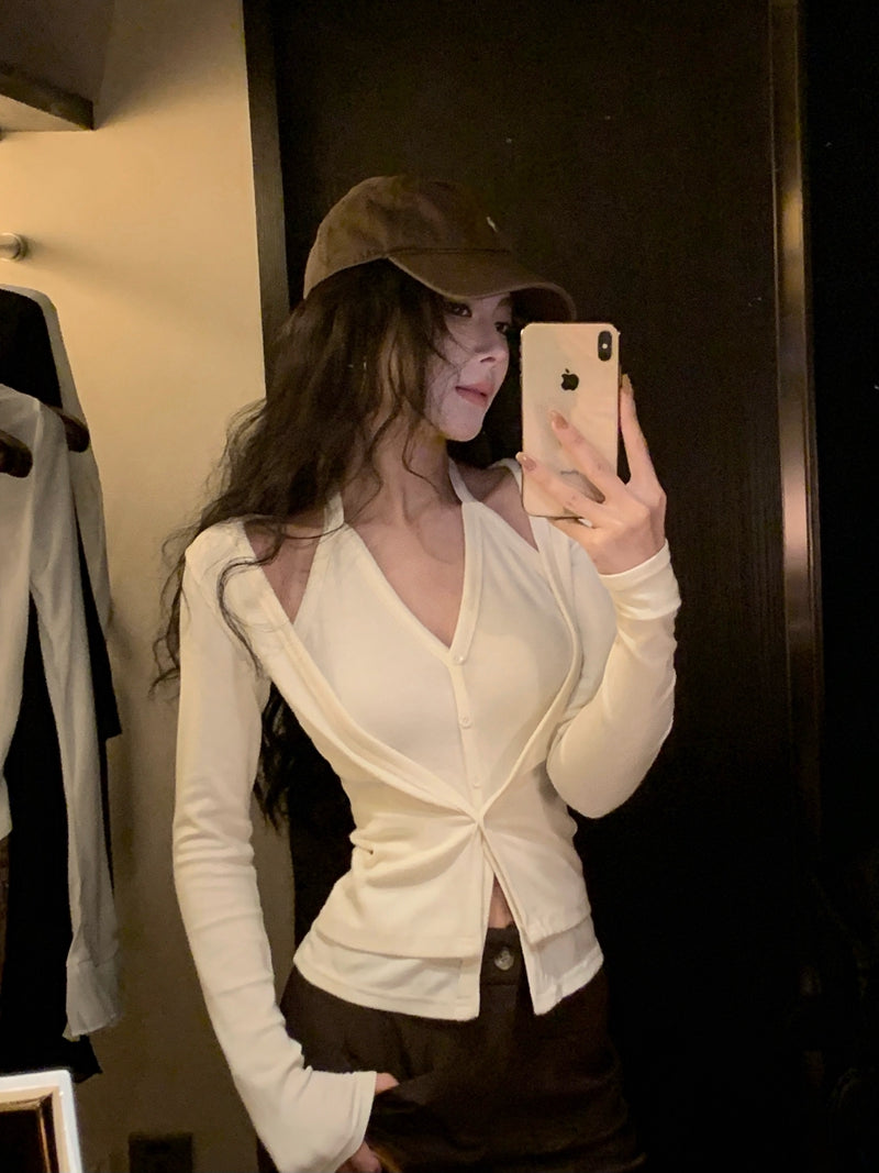 💕秋冬性感吊帶掛脖顯瘦假兩件打底上衣