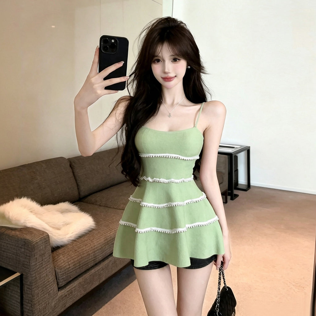 💕溫柔約會無袖吊帶珍珠邊背心上衣