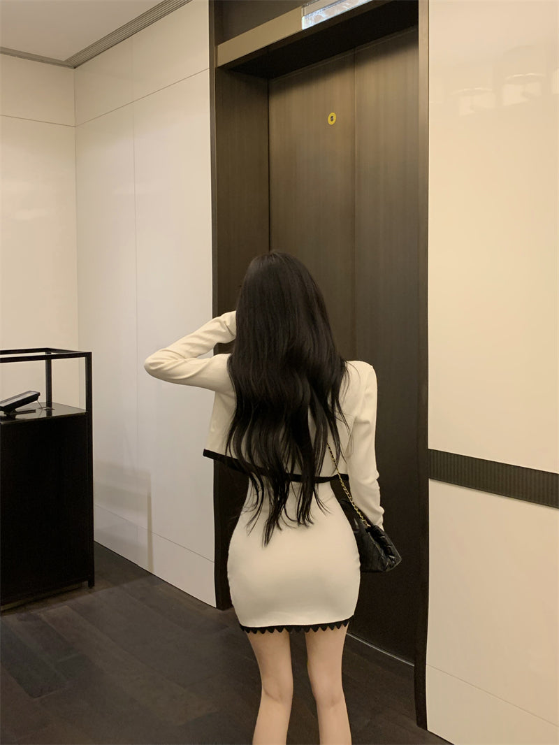 💕波浪邊撞色純欲氣質吊帶裙針織開衫套裝