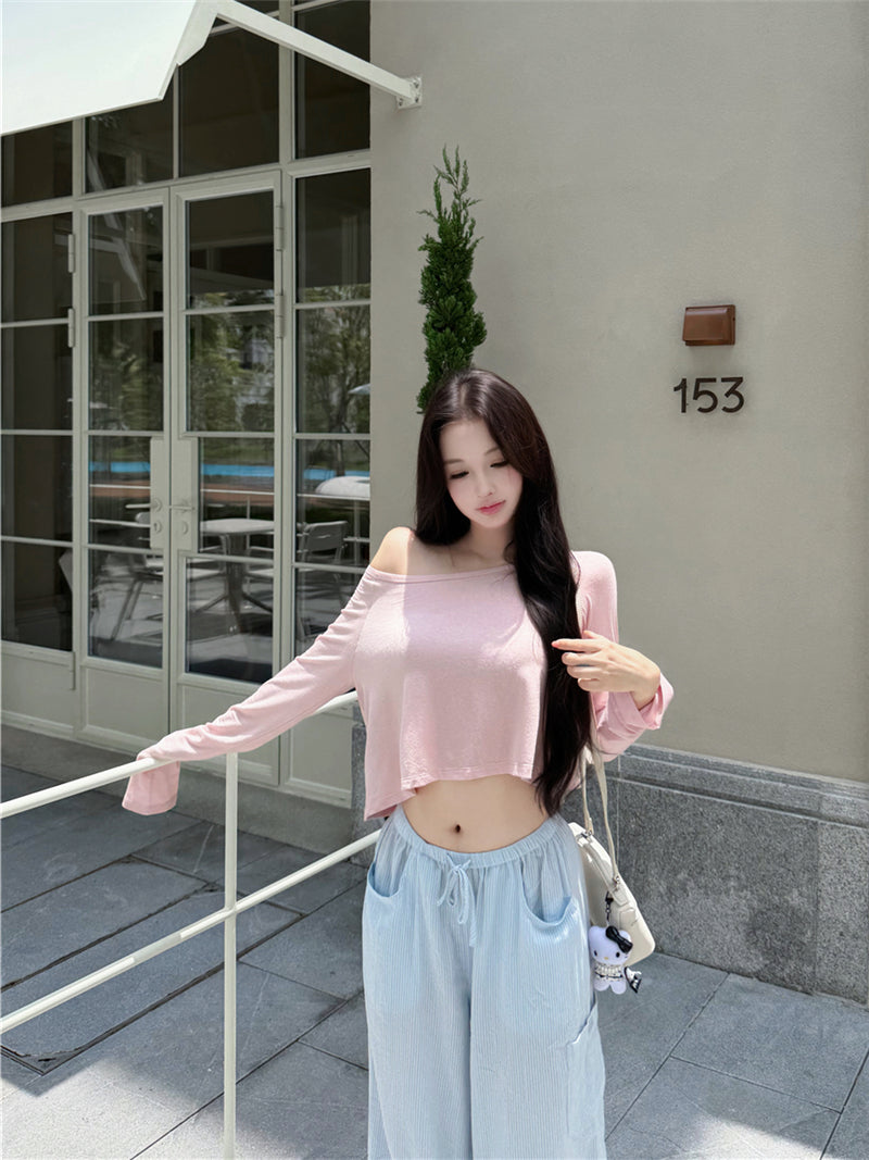 💕溫柔懶人斜肩長袖短款露臍上衣&條紋寬褲兩件套