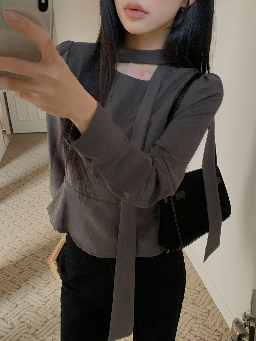 💕ins溫柔飄帶蝴蝶結泡泡袖修身顯瘦上衣