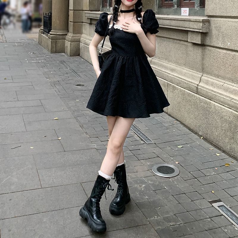 💕方領法式花邊露背蝴蝶結小個子澎澎短裙