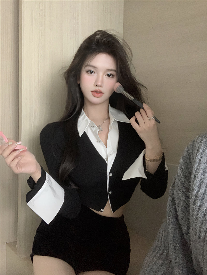 💕純御辣妹修身短款黑色假兩件長袖襯衫