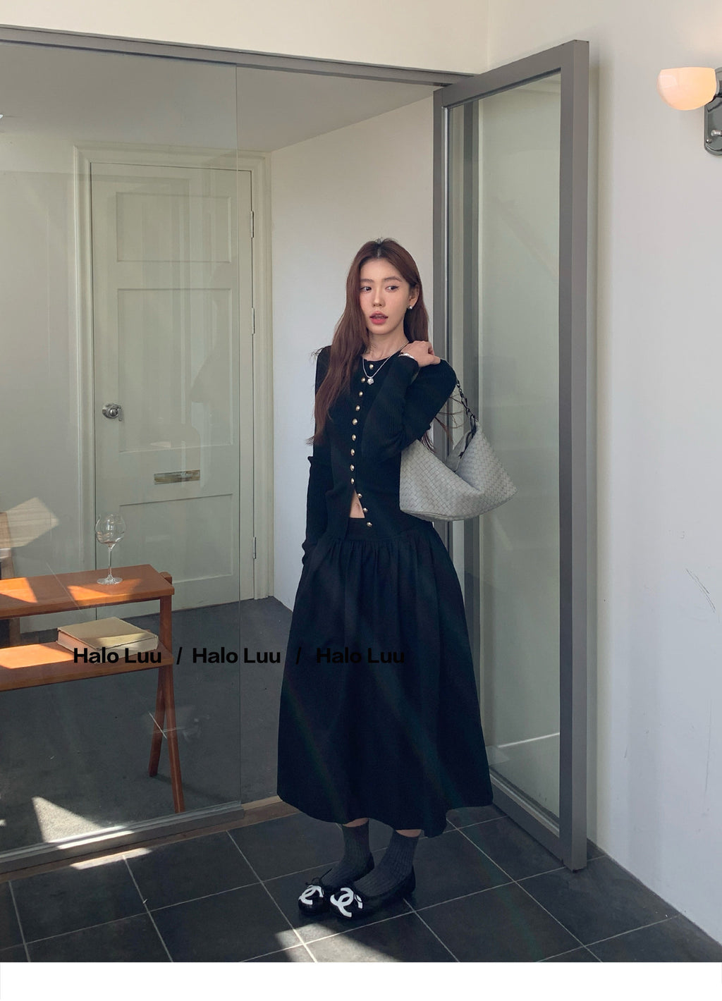 💕miu系氣質黑色金扣針織上衣