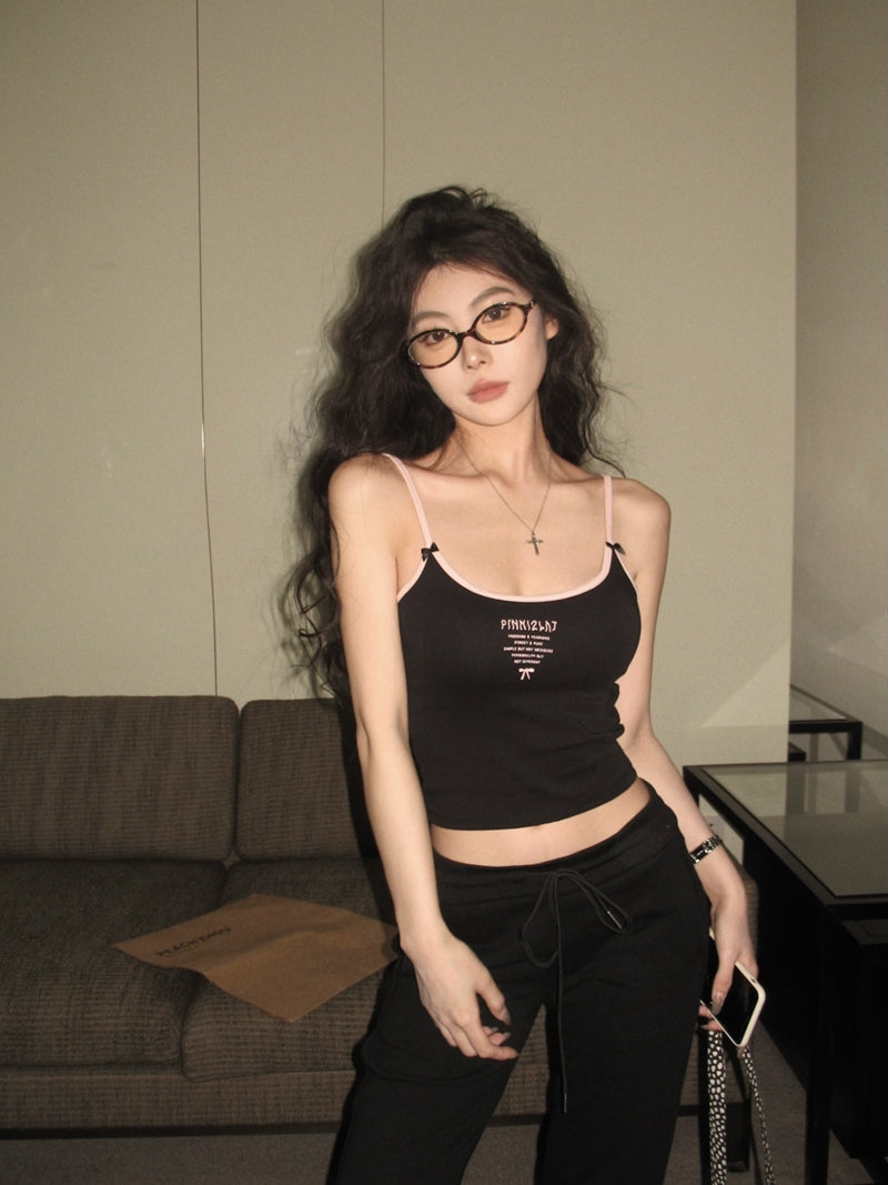 💕辣妹修身顯瘦蝴蝶結字母印花短款吊帶背心上衣