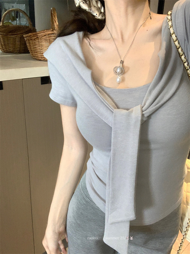 💕夏季綁帶方領短袖通勤百搭套裝