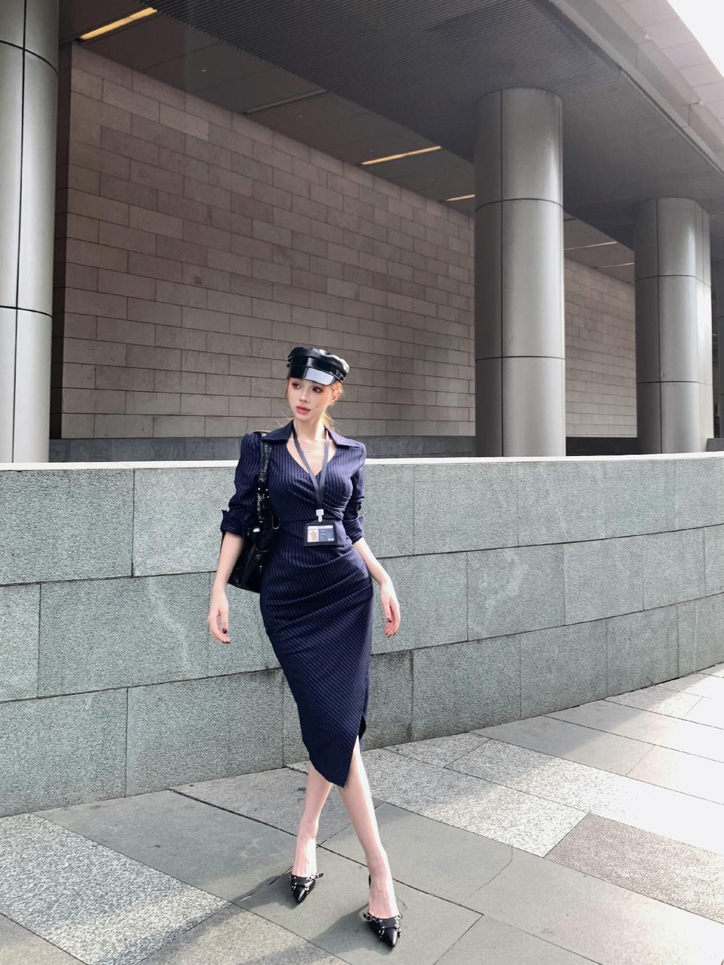 💕高級性感法式條紋V領長袖襯衫連衣裙