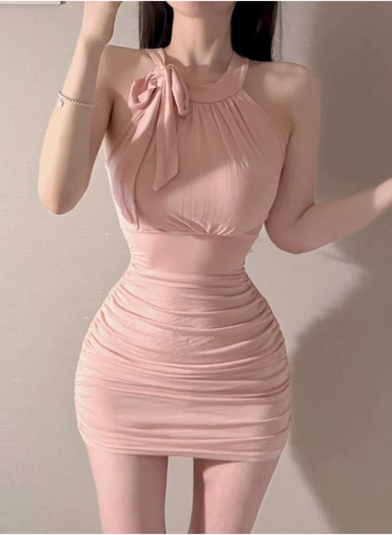 💕韓系輕熟掛脖無袖包臀連衣短裙
