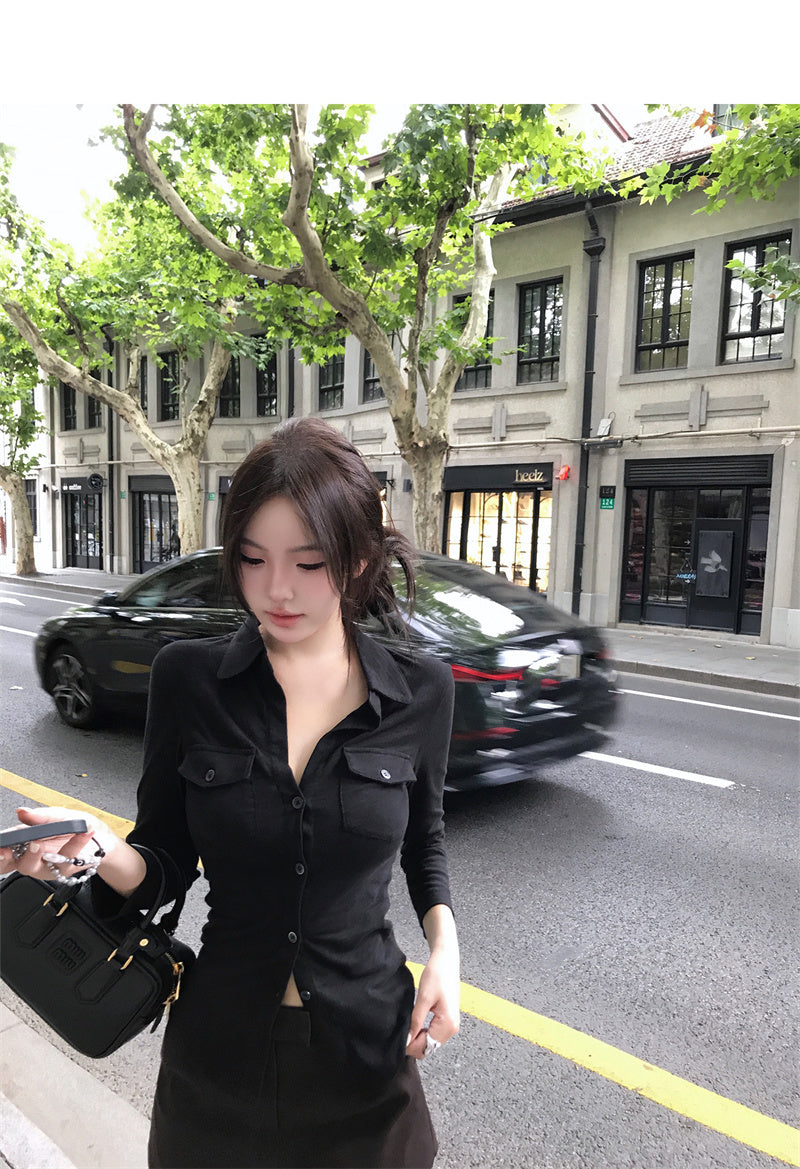 💕氣質翻領長袖收腰鈕扣襯衫