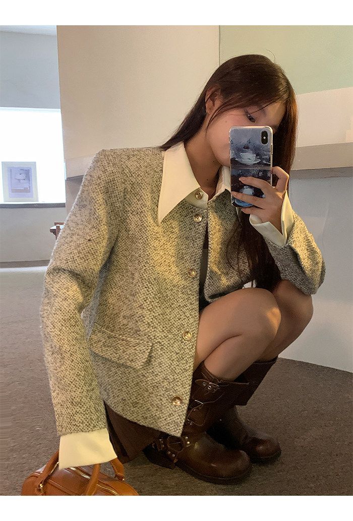 💕韓系秋冬假兩件拼接小香風加墊肩外套
