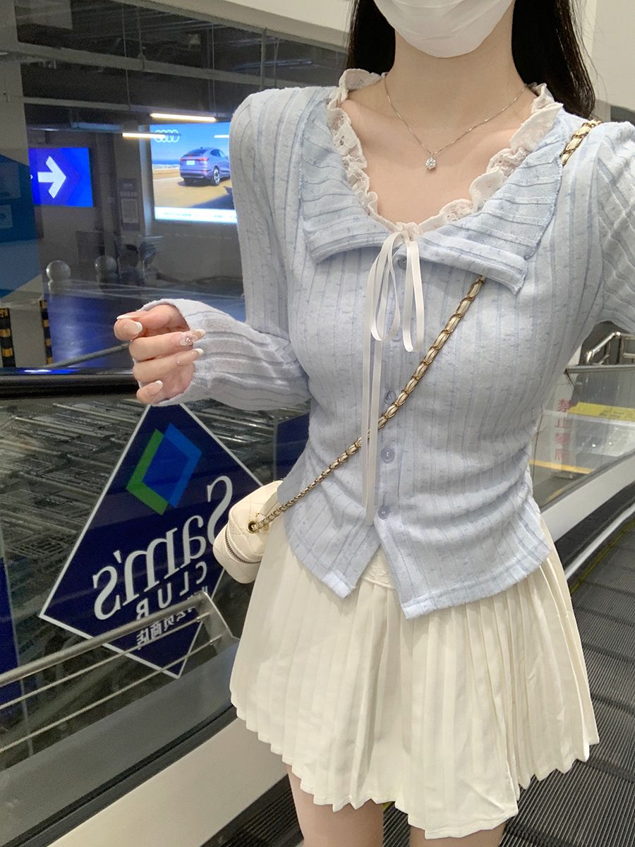 💕溫柔雪花條磨毛純欲藍色蕾絲假兩件上衣