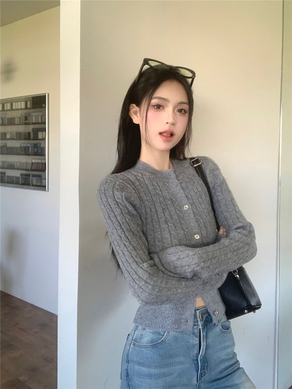 💕簡約休閒黑色短款麻花針織長袖上衣