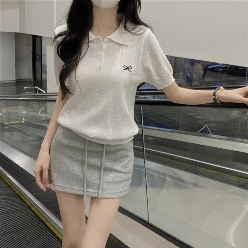 💕百搭甜美POLO領蝴蝶結刺繡針織衫