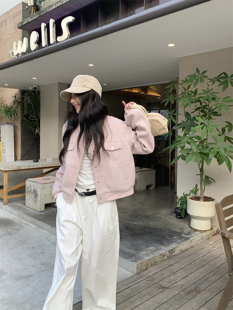 💕韓系通勤粉色棒球短款毛呢外套