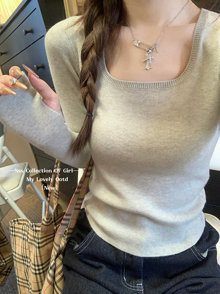 💕chic高級感簡約方領素色百搭長袖上衣