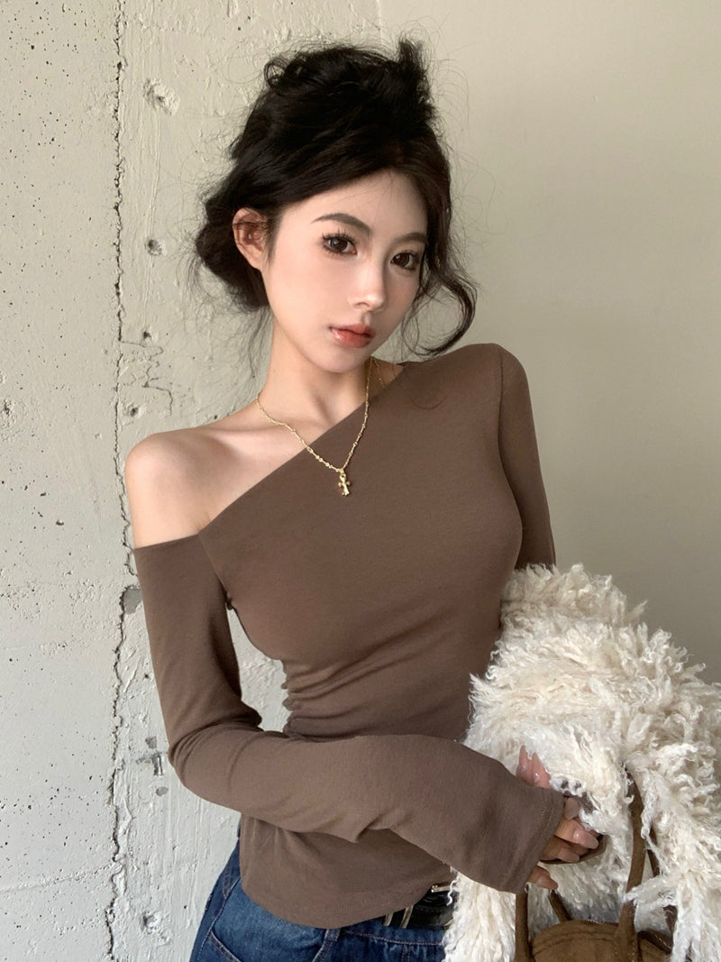 💕純欲性感不規則露肩黑色長袖斜肩上衣