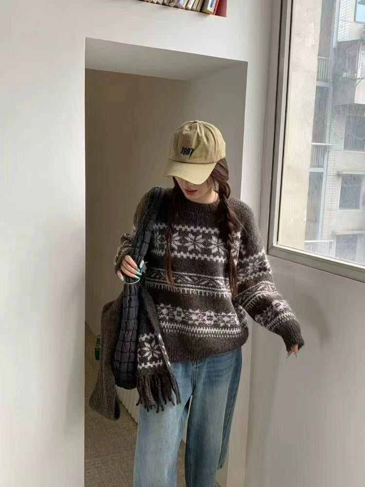 💕韓系圓領復古緹花拚色軟糯針織帶圍巾打底毛衣
