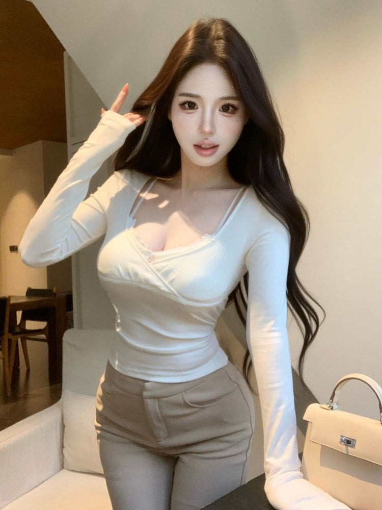 💕辣妹蕾絲拼接假兩件長袖上衣