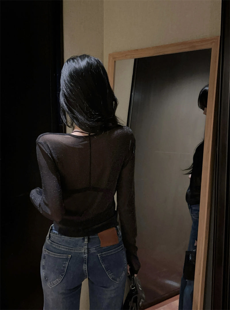 💕韓系高級感細閃網紗微透性感內搭打底衫上衣