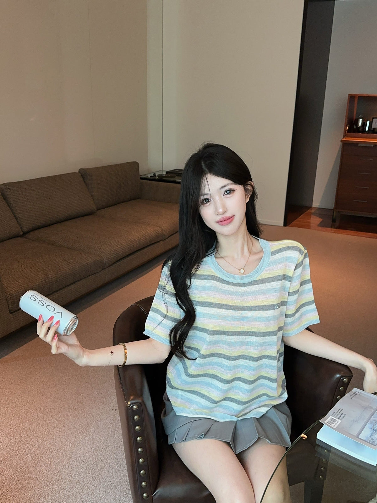 💕夏季清透感柔軟撞色條紋針織衫上衣