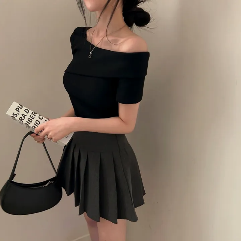 💕韓系chic修身氣質顯瘦斜肩上衣