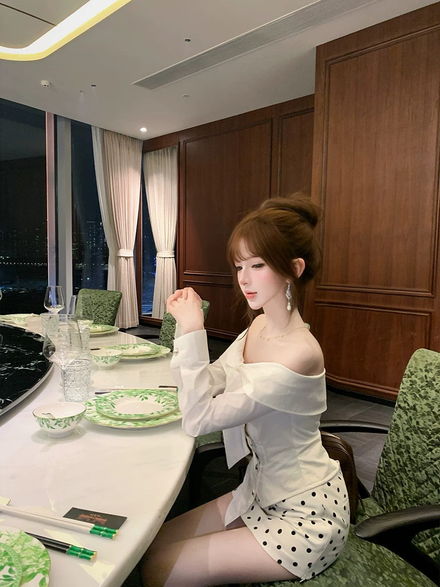 💕chic韓系一字領不規則上衣點點短裙套裝