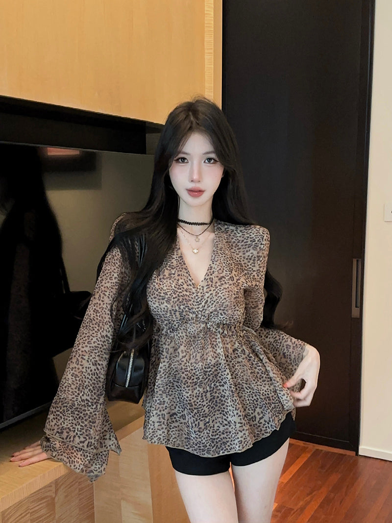 💕復古高級豹紋V領寬鬆百搭雪紡襯衫