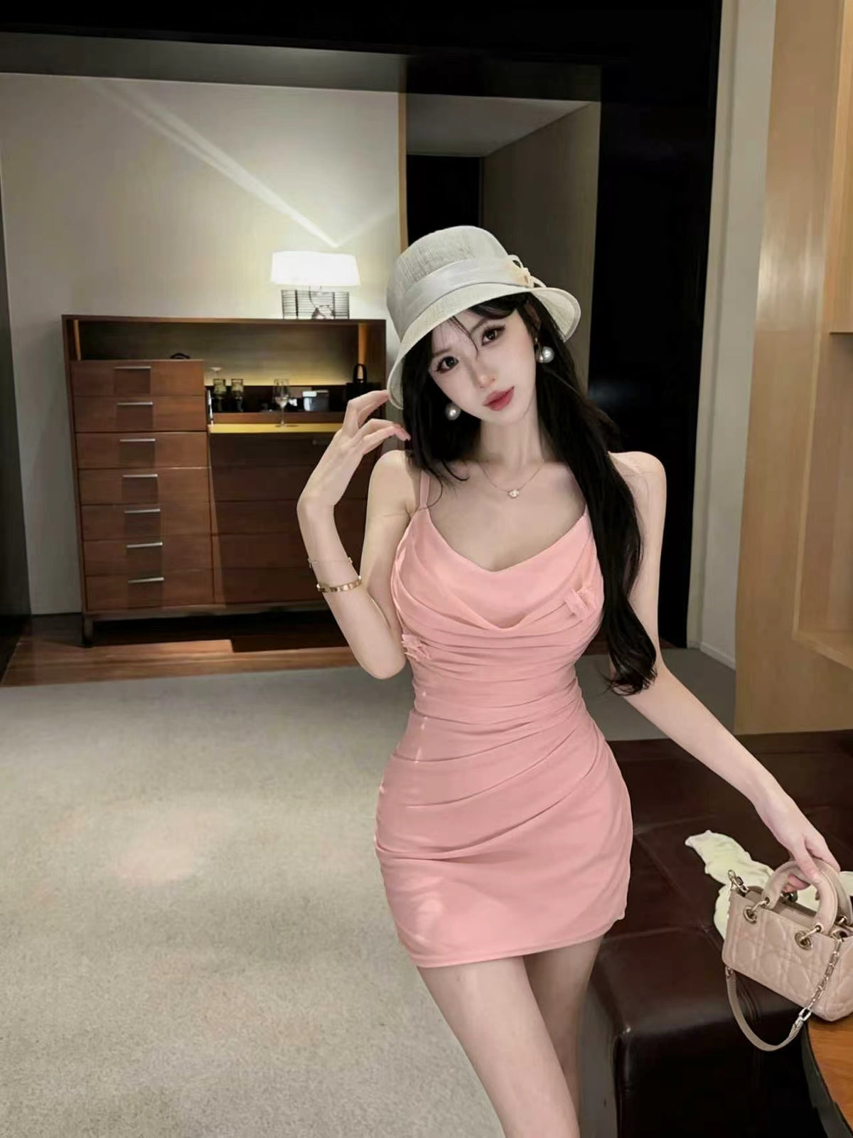 💕甜美性感褶皺修身吊帶連衣裙+開衫