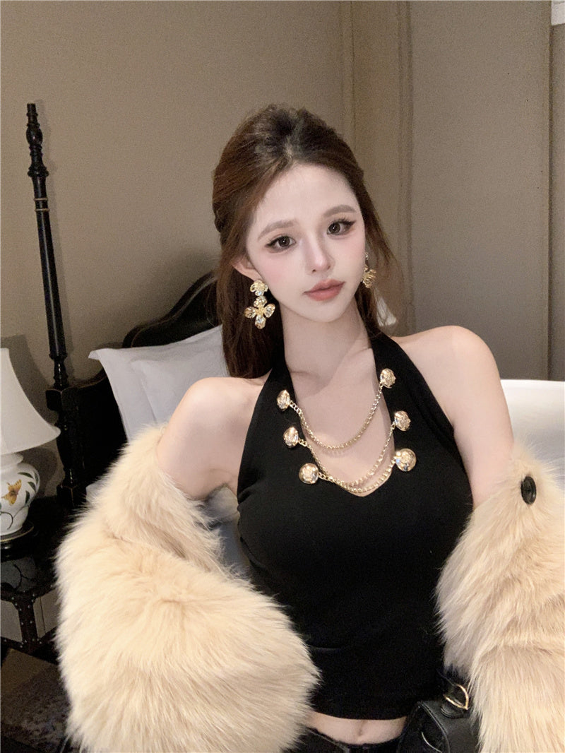 💕V領掛脖吊帶短版絕美上衣