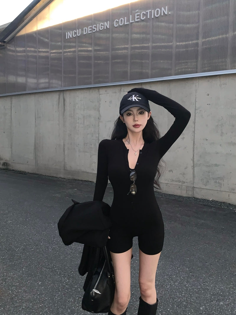 💕辣妹V領顯瘦緊身連體運動短褲