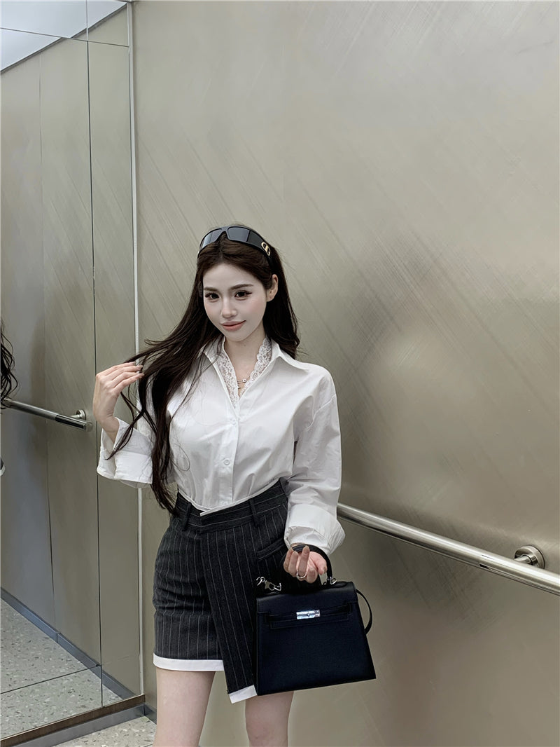 💕氣質翻領蕾絲花邊長袖襯衫不規則半身裙兩件套