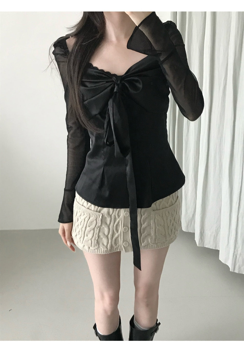 💕法式方領蝴蝶結飄帶氣質收腰顯瘦上衣