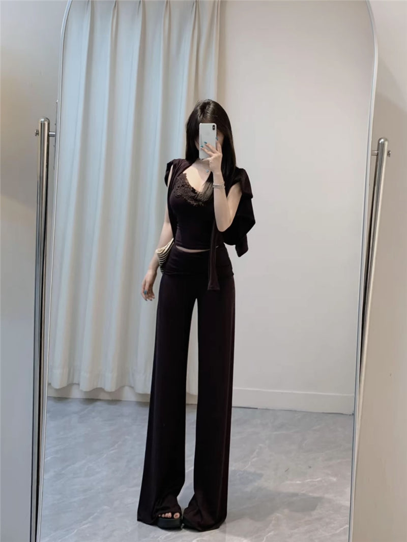 💕溫柔帶胸墊蕾絲吊帶休閒三件套
