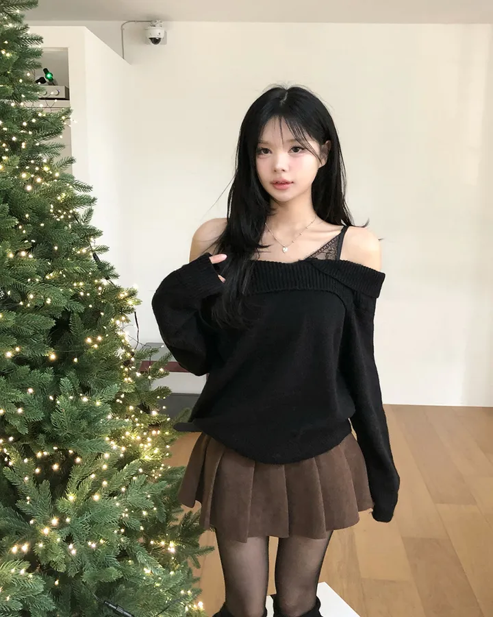💕chic秋季假兩件蕾絲花邊打底一字肩針織上衣