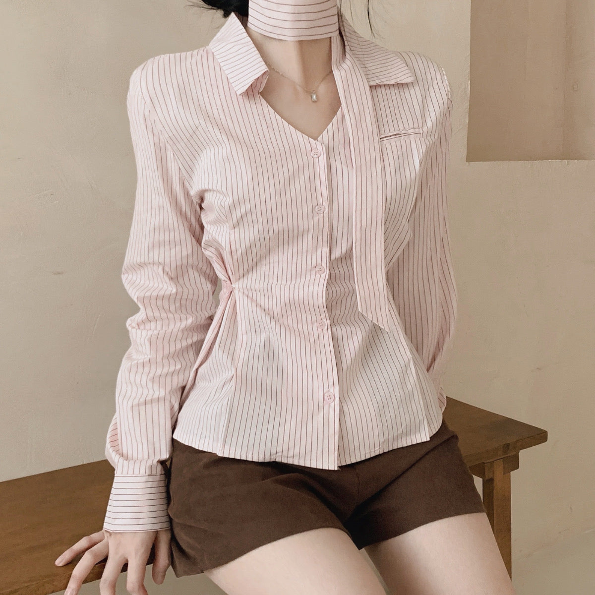 💕韓系小眾V領飄帶收腰百搭條紋上衣