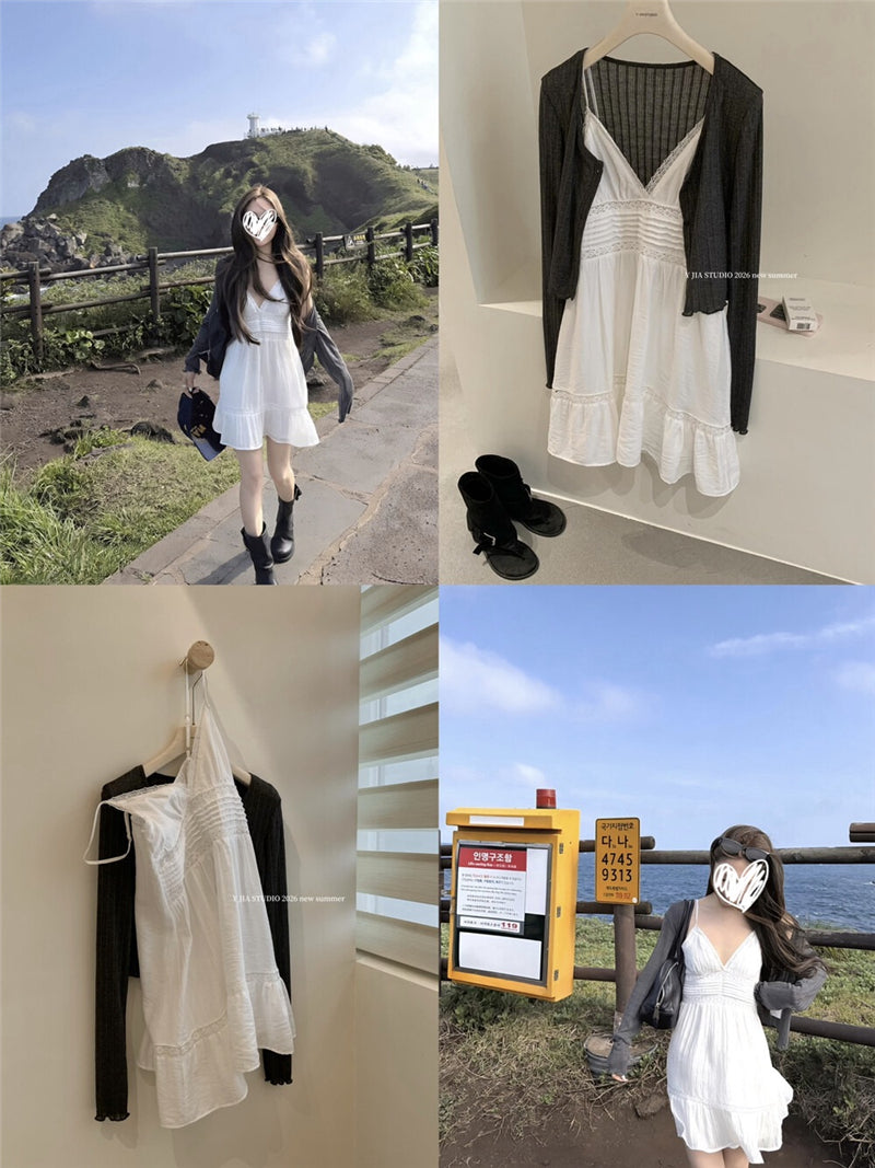 💕少女坑條理肌感針織開衫+蕾絲吊帶裙兩件套